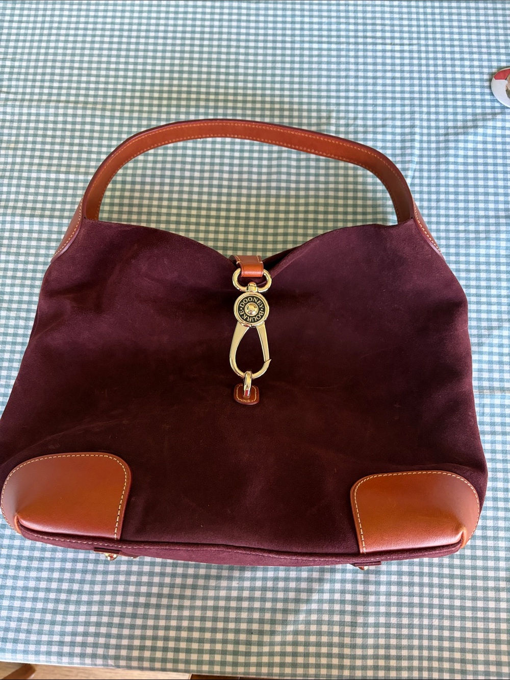 Maroon Suede Shoulder Bag with Brown Leather Trim